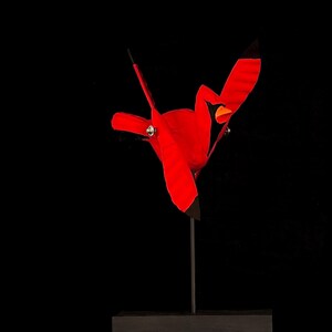 Handmade Wooden Cardinal Whirligig: Kinetic Garden Art