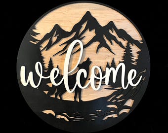 Letrero de bienvenida de madera 3D / Letrero de bienvenida con animales / Colgante de puerta de madera 3D / Decoración rústica de cabaña / Lobo / Decoración de pared para interiores o exteriores