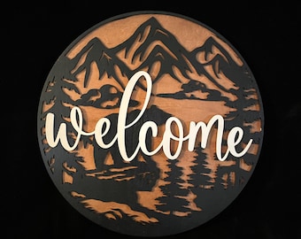 Letrero de bienvenida de madera 3D / Letrero de bienvenida con animales / Colgante de puerta de madera 3D / Decoración rústica de cabaña / Oso / Decoración de pared para interiores o exteriores