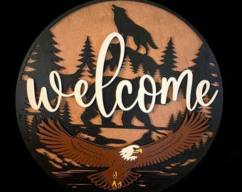 3D Wooden Welcome Sign | Animal Welcome Sign | 3D Wood Door Hanger | Rustic Cabin Decor | Bear | Eagle | Wolf | Indoor or Outdoor Wall Art