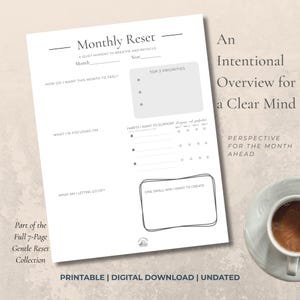 Monthly Reset Printable | Undated Reflection Worksheet | Gentle Planning & Habit Reset | Minimal One-Page