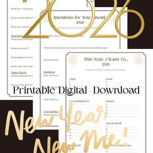 May include: A digital download featuring printable planner pages for reflection and goal setting. The design includes gold accents, the text "Year in Reflection 2025", "Intentions for Year Ahead 2026", and "This Year, I Want To... 2026". The phrase "New Year, New Me!" is also present.