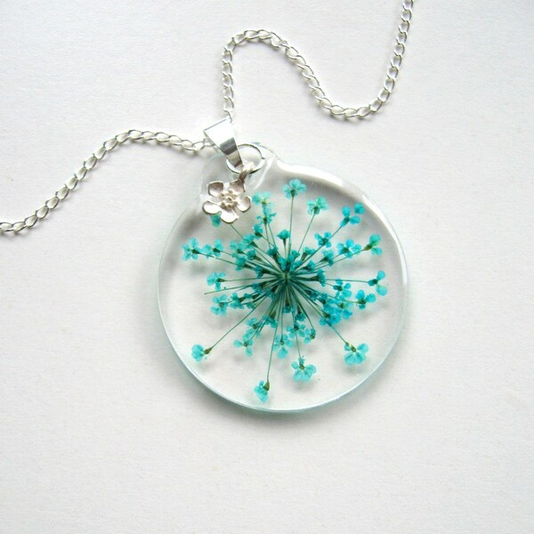Turquoise Queen Anne's Lace - Real Flower Garden Necklace - Pressed flower, natural, garden, everyday casual, ooak, gift