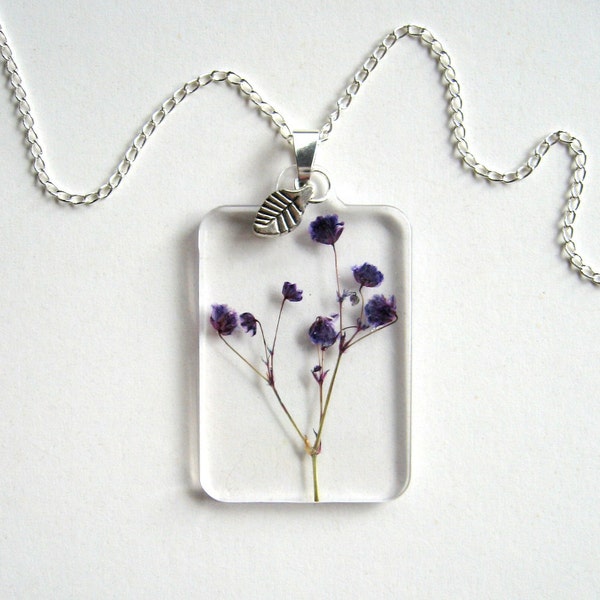 Purple Gypsophila - Real Flower Garden Necklace - botanic jewelry, pressed flowers, babys breath, natural, Spring Summer, modern, ooak, gift