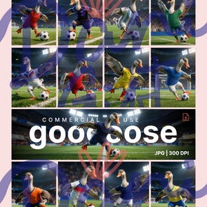 Puede incluir: Un collage de gansos jugando al fútbol, cada uno con diferentes camisetas de colores y pateando un balón de fútbol en un campo verde. El texto "COMMERCIAL USE goose" se muestra en el centro.