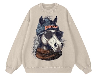 Sudadera extragrande con estampado de animales del equipo de fútbol americano de Denver - Lavado ácido vintage - 100 % algodón - Suéter para el día del partido