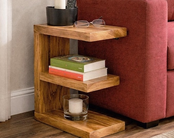 Rustic Solid Wood E-Shape End Table, Slim Sofa Side Table, Waxed Finish