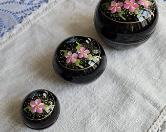 Vintage Hand Painted Wooden Nesting Trinket Boxes Set of 3 Black Floral Lacquer Boxes