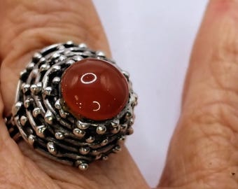 Sterling Silver Artisan Nest Ring Red/Orange Cabochon Gemstone Size 5.75