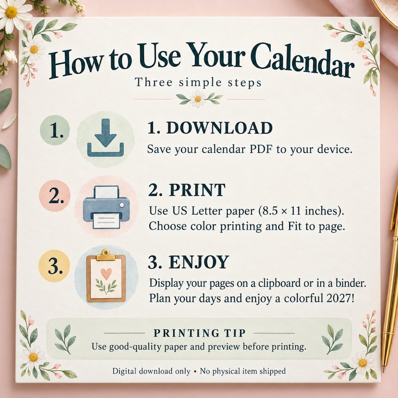 2027 Printable Calendar, Colorful Seasonal Monthly Pages, Sunday Start ...