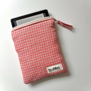 Kindle e-läsarfodral | Persikafärgat linnefärgat ginghamfodral (Kindle senaste generationen, Paperwhite, färg mjuk, Kobo Clara)
