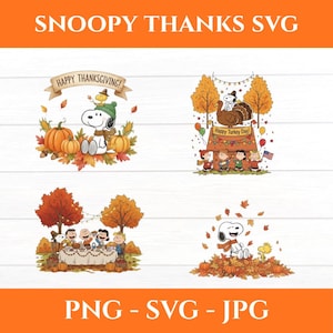 May include: A collection of Thanksgiving-themed digital graphics featuring Snoopy and the Peanuts gang. The images include Snoopy with pumpkins, a turkey, and the phrase "Happy Thanksgiving!" and "Happy Turkey Day!" The file types are PNG, SVG, and JPG.