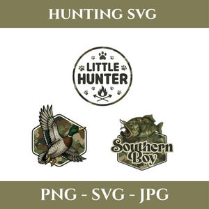 Könnte beinhalten: Jagd-SVG-Design mit einer fliegenden Ente und einem Fisch mit Haken, vor einem Tarnhintergrund. Das Design enthält den Text "Little Hunter" und "Southern Boy". Das Bild enthält auch den Text "HUNTING SVG" und "PNG - SVG - JPG".
