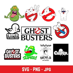 Puede incluir: Una colección de gráficos de dibujos animados con personajes y logotipos de Ghostbusters y Casper, el fantasma amistoso. Incluye imágenes de Slimer, el hombre de malvavisco Stay Puft y el logotipo de Ghostbusters. La parte inferior de la imagen muestra "SVG - PNG - JPG".