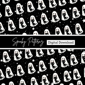 May include: A repeating pattern of white ghosts with black cat silhouettes on a black background with white stars. The text "Spooky Patternz" and "Digital Download" are displayed in white.
