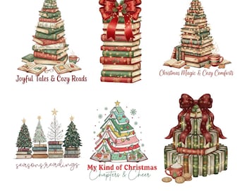 May include: A collection of Christmas-themed illustrations featuring stacks of books arranged to resemble Christmas trees. Each design includes festive elements like bows, stars, and mugs, with text such as "Joyful Tales & Cozy Reads" and "Christmas Magic & Cozy Comforts".