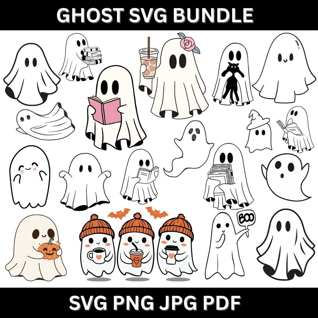 Retro Ghost SVG Bundle: Floral, Dog, Reading - Halloween Spooky Season ...