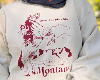 Cozy Crew Neck Sweatshirt - No Place Like Montana- Cowgirl on Horse Red Screen Print
