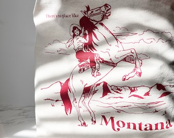 Cute Western Cowgirl Tote Bag - There's No Place Like Montana - Retro Style Sounvenir Reusable Shopping Bag