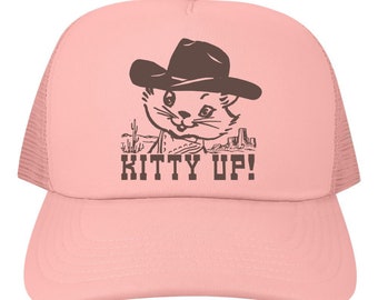 Funny Trucker Hat Pink - Kitty Up - Cute Cat Cowgirl Print Baseball Hat