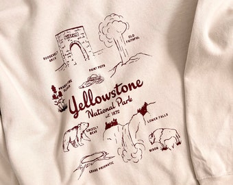 Cozy Crew Neck Sweatshirt - Yellowstone National Park - Hand Illustrated Wildlife and Scenery Souvenir Shirt