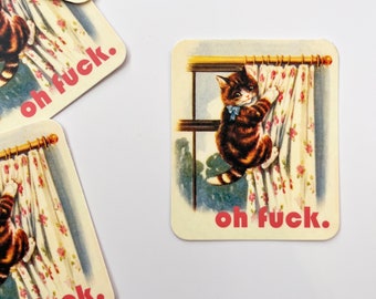 Funny Cat Stuck on Curtains Sticker for Water Bottle Laptop Car - Oh Fuck Kitty - Cute Retro Animal Decal - Stocking Stuffer