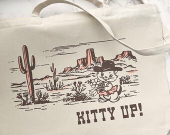 Cute Kitten Cowgirl Canvas Tote - Kitty Up - Western Style Reusable Shopping Beach Bag Purse