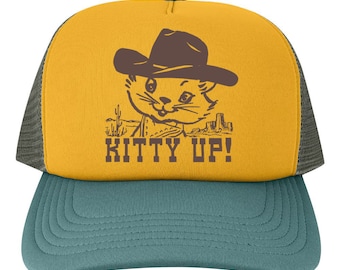 Fun Cat Trucker Hat: Kitty Up Cowgirl Print - Gold/Forest