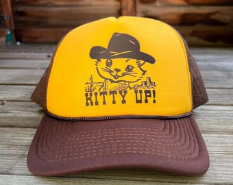 Kitty Up Trucker Hat – Yellow/Brown Cowgirl Cat Baseball Cap