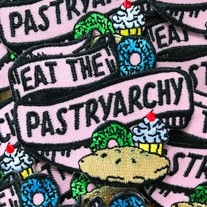 Funny Feminist Stocking Stuffer with Donuts Pie Baked Goods - Eat the Pastryarchy Iron on Patch - Retro Style Cute Flair