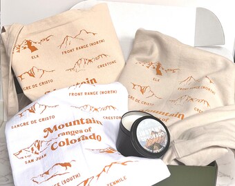Gift Set- Mountain Ranges of Colorado - Sweatshirt Candle Tote Tea Towel Gift Box for Skier Hiker Outdoor Lover