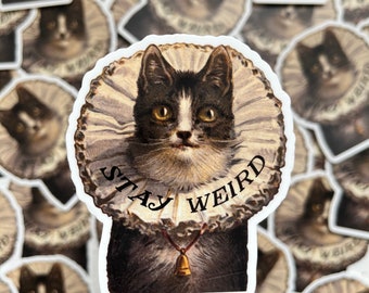 Funny Kitty Stickers - Stay Weird Cat Kitten in Vintage Ruffle Collar - Fun Water Bottle Laptop Car Decal for Weirdos