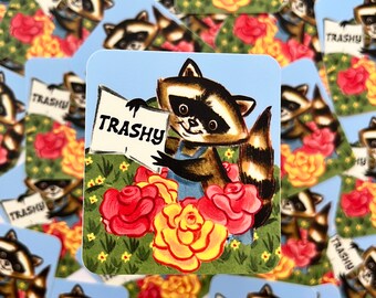 Funny Raccoon Sticker - Trashy Sticker for Water Bottle Car Laptop - Trash Panda with Flowers