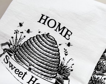 Cute Tea Towel with Bees - Home Sweet Home Beehive Cotton KitchenTowel - Housewarming Wedding Host Gift
