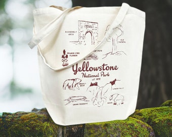 Cotton Canvas Reusable Tote Bag - Yellowstone National Park - Screen Printed Shopping Travel Grocery Bag