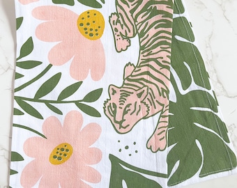 Modern Floral Tiger Kitchen Towel - Screen Printed Tea Towel Boho - Pink Green Mustard Yellow