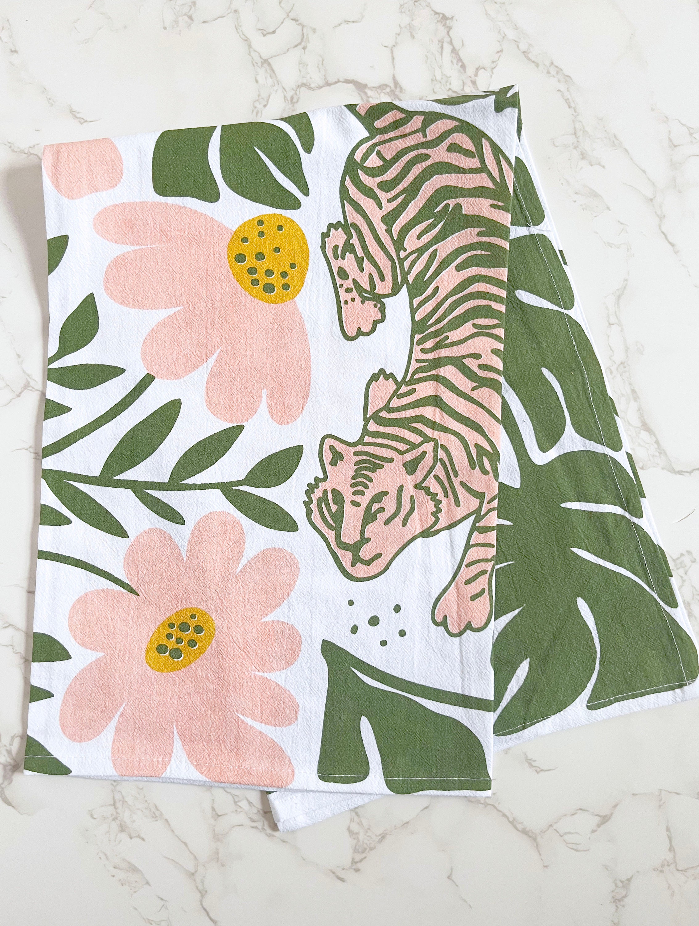 Modern Floral Tiger Kitchen Towel - Screen Printed Tea Towel Boho - Pink Green Mustard Yellow