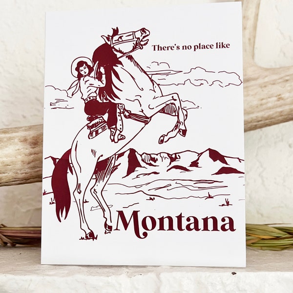 No Place Like Montana Card - Cowgirl Riding Horse Mountain Scene Hand Drawn Illustration - Red Burgundy - Montana Souvenir - Blank Inside