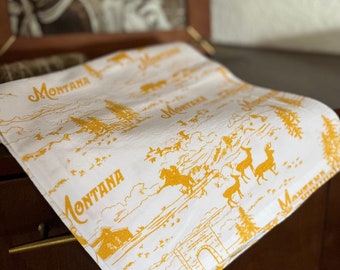 Retro Western Kitchen Towel - Montana Scenes Cotton Tea Towel - Cowboy Mountains Yellowstone Screen Print Decor
