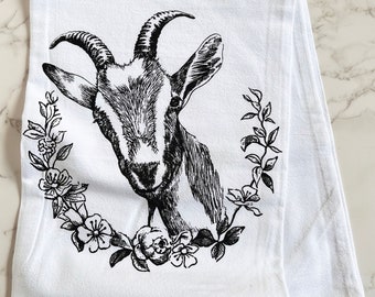 Reusable Cotton Tea Towel - Cute Goat with Flowers Cotton Kitchen Towel - Host Wedding Stocking Stuffer Gift