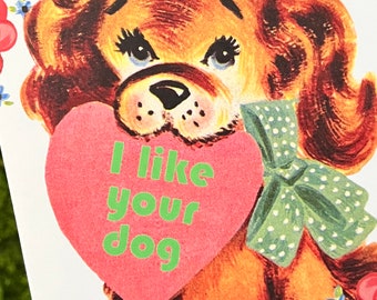 Funny Vintage Puppy with Heart and Flowers Card - I Like Your Dog Card - Valentine Crush Birthday Love - Blank Inside