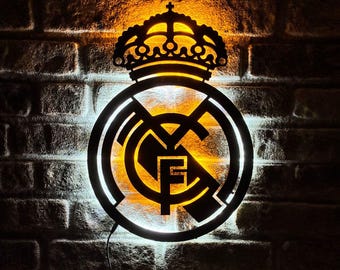 Letrero de madera con luz LED del Real Madrid - Regalo para aficionados al fútbol - Lámpara para el cuarto de hombre - Decoración para bares deportivos