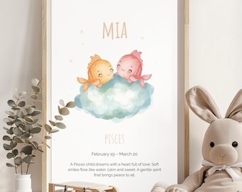 Personalized Pisces Baby Poster | Zodiac Nursery Art (Digital Download)