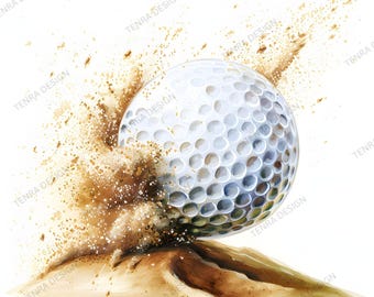 19 profesjonalnych piłek golfowych PNG, realistyczny rysunek golfowy z piaskiem i rozpryskującą się wodą, ilustracja akcji sportowej, pobieranie cyfrowe, wykorzystanie komercyjne