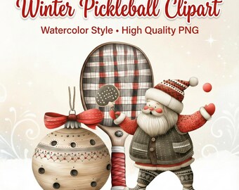 Zimowy Pickleball Clipart PNG, Zestaw Sportowy Akwarela, Przytulna świąteczna sublimacja, Grafika Paddle, Śnieżny Krajobraz, Pobieranie Cyfrowe