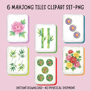 Puede incluir: Un conjunto de seis fichas de Mahjong con diseños florales y de bambú. Las fichas presentan acentos rosas, rojos, amarillos y verdes. El texto "6 Mahjong Tiles Clipart Set-PNG" está en la parte superior. El texto "Instant Download - No Physical Shipment" está en la parte inferior.