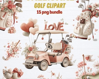 Valentine Golf Cart PNG Bundle, Coquette Pink Bow Clipart, Watercolor Valentine Sport, Sublimation Design