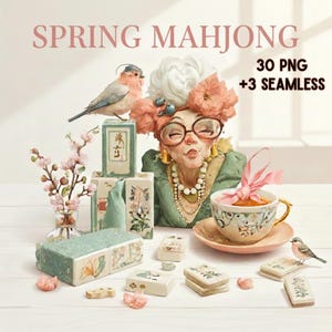 May include: An illustration featuring a whimsical scene with the text "SPRING MAHJONG" and "30 PNG +3 SEAMLESS". The image includes a woman with glasses, a teacup, and decorative mahjong tiles in pastel colors.