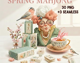Watercolor Mahjong Clipart | Spring Garden Party PNG (30 Elements + 3 Patterns)