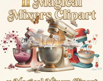 Clipart z magiczną piekarnią, fantazyjny mikser stojący PNG, logo kuchni fantasy, zestaw do pieczenia akwarelami, prezent dla cukiernika, pobieranie sublimacji